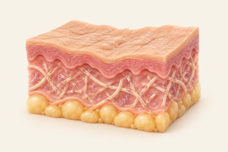 Collagen-depleted skin: Thin, broken collagen, sagging support, dull and rough surface