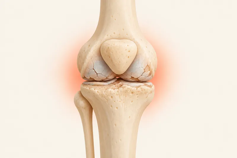 Worn joint: Thin, cracked cartilage, narrowed joint space, stiffness