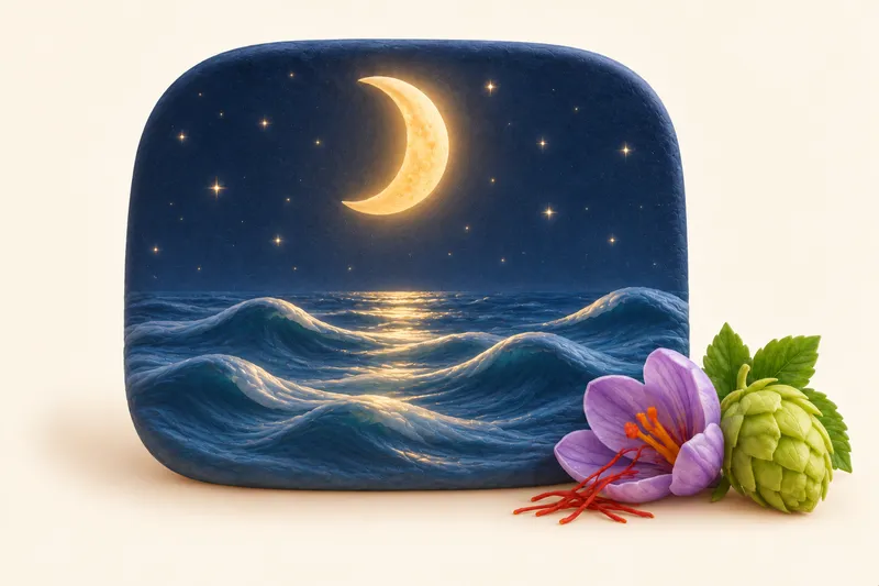 A calm night: Smooth, gentle waves and a bright moon in a clear, starry sky