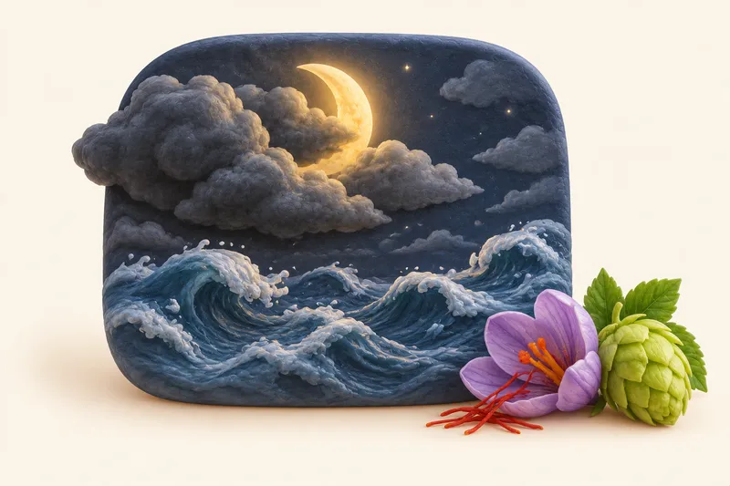A restless night: Tangled, jagged waves and a dim moon hidden behind clouds