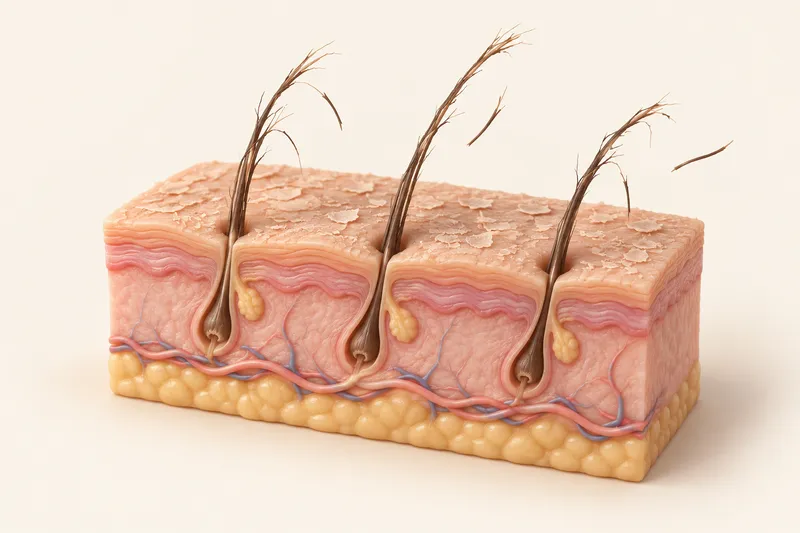 Under-supplied follicle: Shrunken follicle, thin strands that break easily
