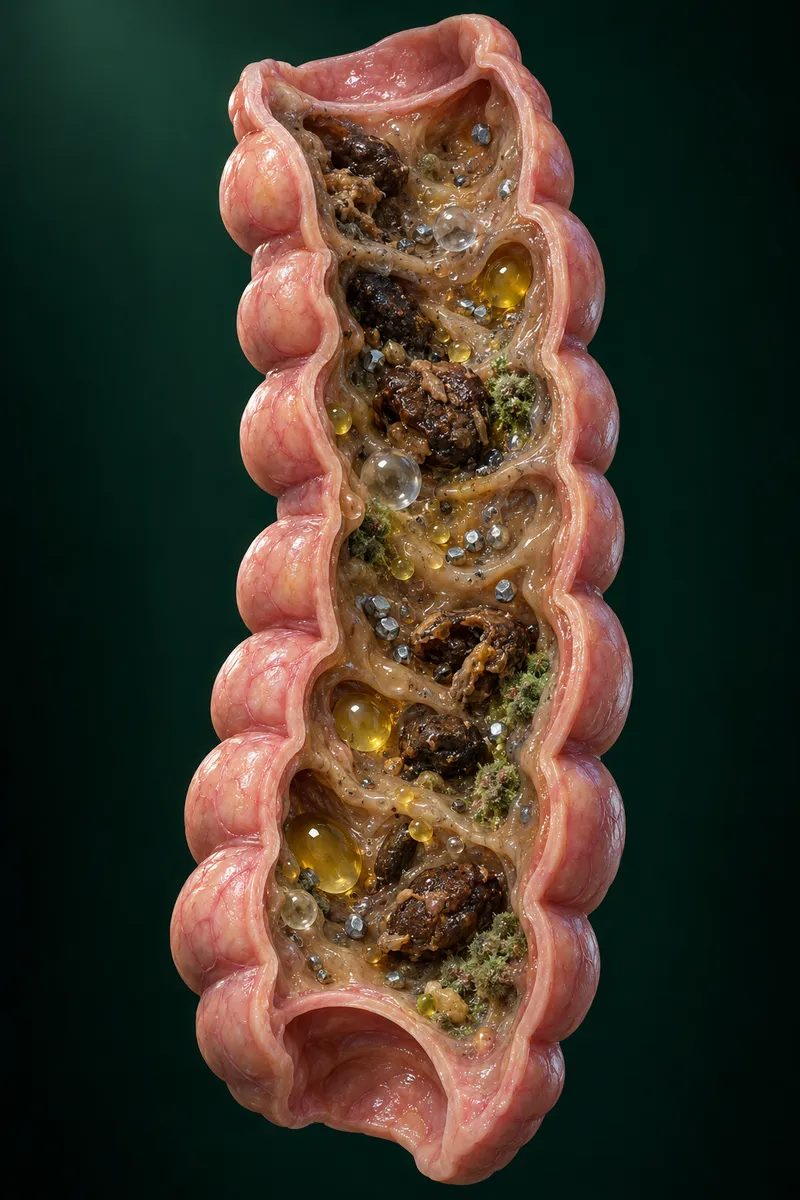 Illustration: an opened gut packed with stool, food residue, fat, gas bubbles, bacteria and metal particles