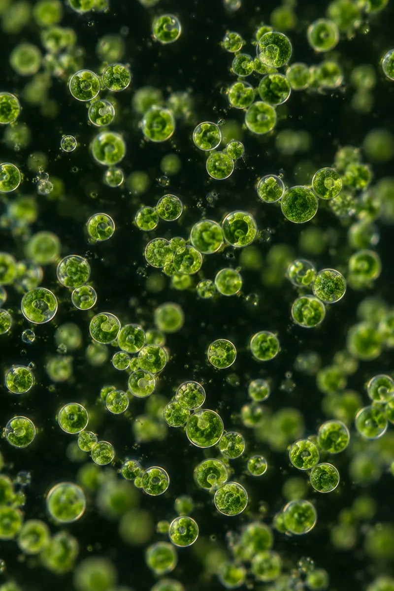 Chlorella cells under a microscope (illustration)