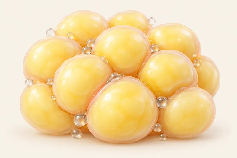 Storage mode: Swollen, crowded, sluggish fat cells packed with stored fat